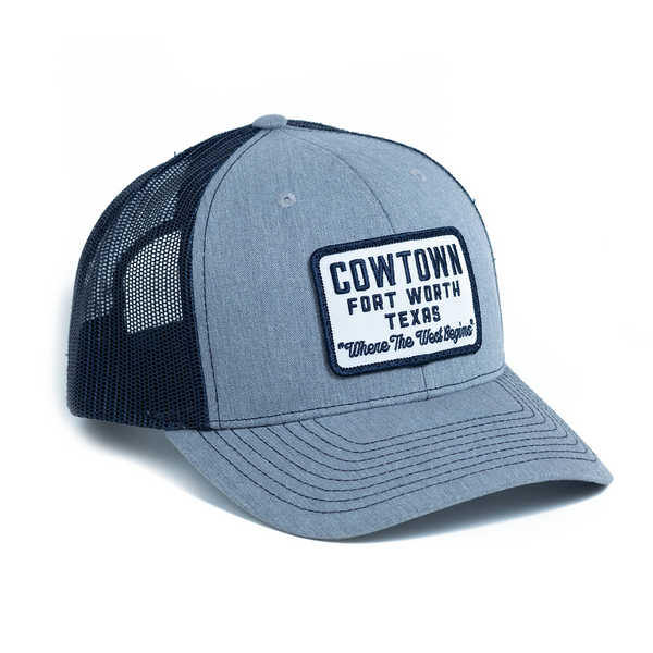 Cowtown "Where the West Begins" - Trucker Hat - Heather Gray/Navy
